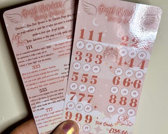 Reto de ahorro con números angelicales: Carpeta para guardar dinero en efectivo tamaño A6, ahorra 135 libras esterlinas.