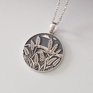 Oxidized Sterling Silver Wheat Field Necklace: Engraved Plant Jewelry