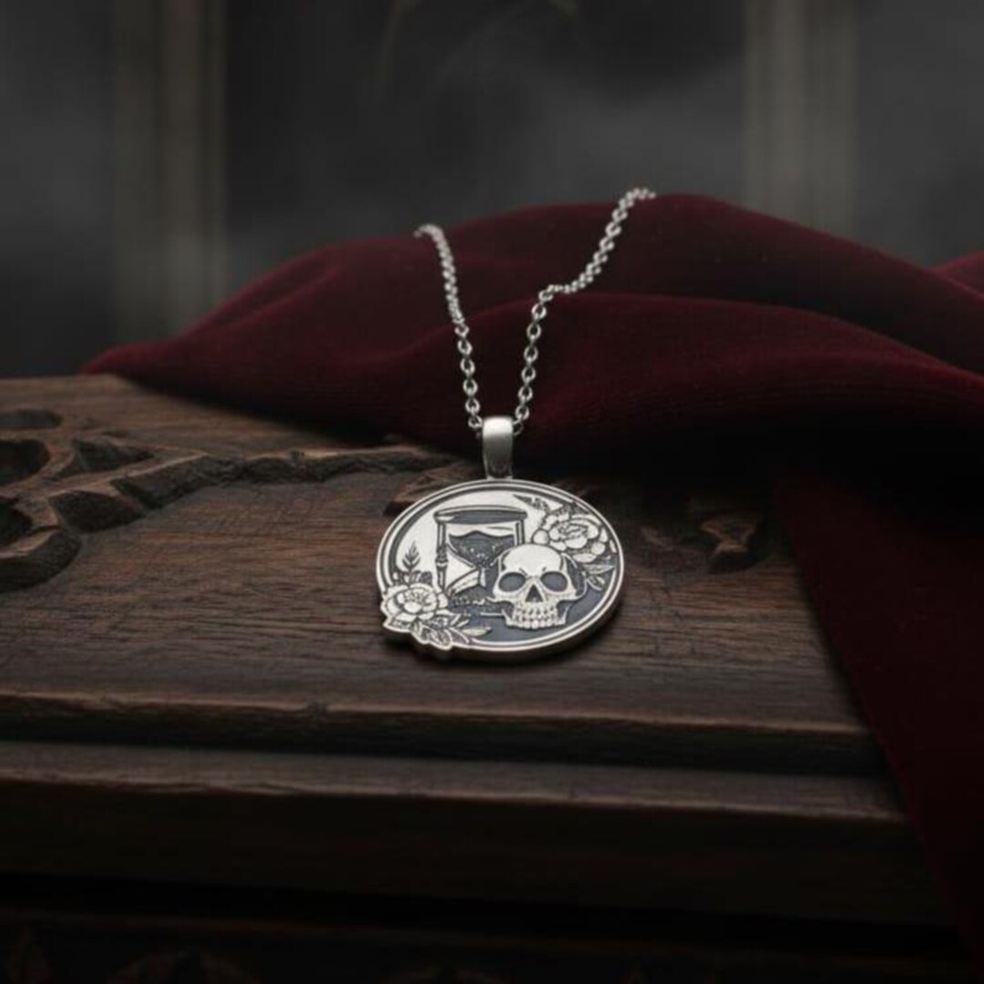 Sterling Silver Memento Mori Necklace – Skull, Hourglass & Floral ...