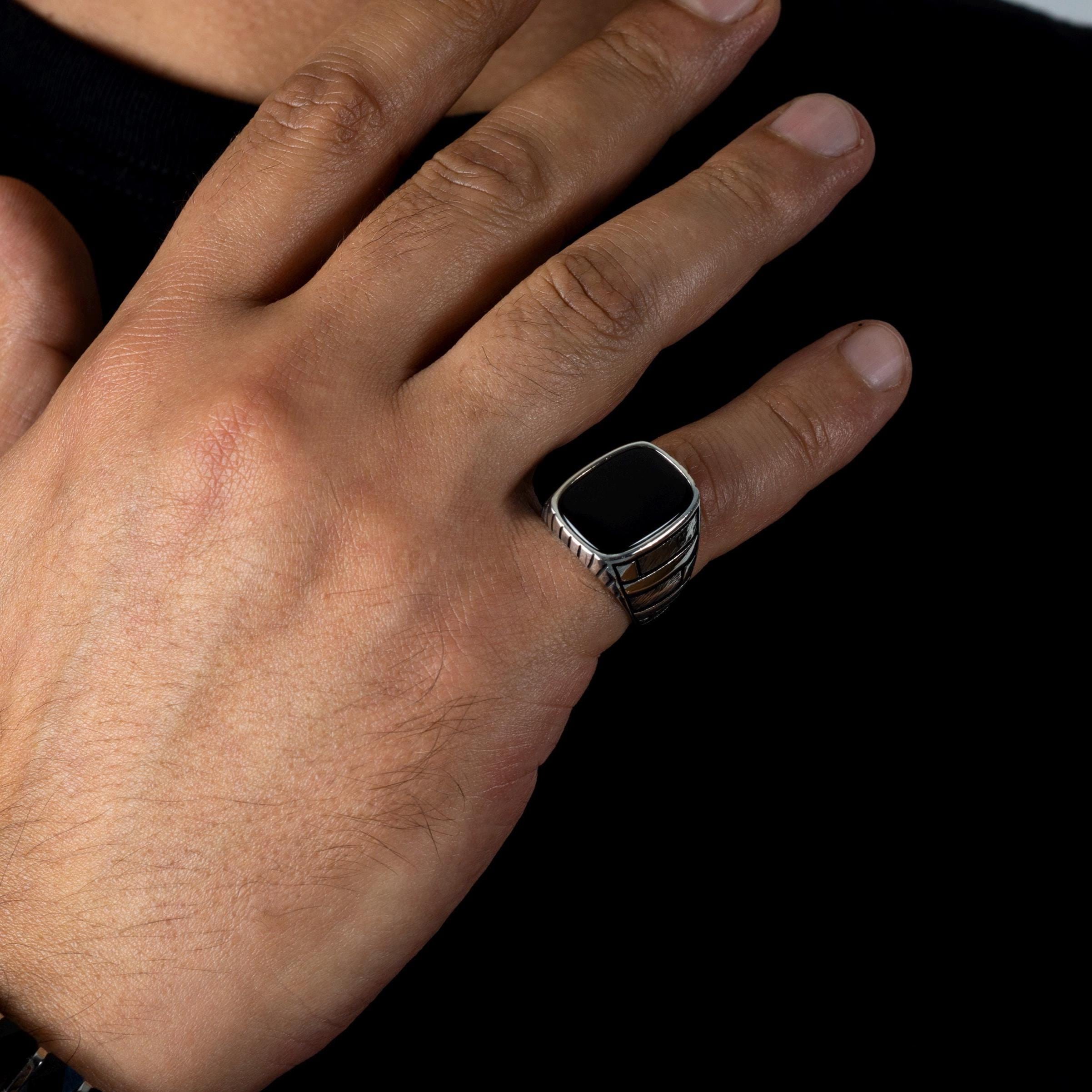 Sterling Silver Men's Ring: Black Onyx Style Stone, Textured Band