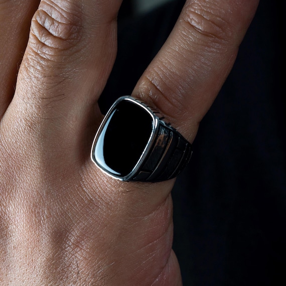 Sterling Silver Men's Ring: Black Onyx Style Stone, Textured Band