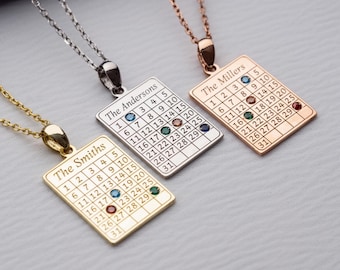 May include: Three personalized pendant necklaces with rectangular pendants. Each pendant has a grid of numbers and colored gemstones. The pendants are inscribed with the names "The Smiths", "The Andersons", and "The Millers". The necklaces are gold, silver, and rose gold.