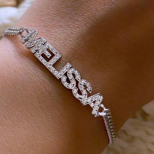 Custom Name Bracelet – Sterling Silver Curb Chain with Hand-Set Pave Letters