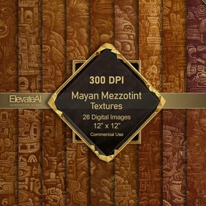 May include: A set of 26 digital images featuring Mayan-inspired patterns in a mezzotint style. The images are 12 inches by 12 inches and 300 DPI. The images are suitable for commercial use.