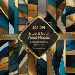 Printable Blue & Gold Wood Mosaic Textures 24 Digital Metallic Blue Gold Artistic Textures Scrapbook Backgrounds Commercial Use