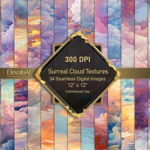 Puede incluir: Una colección de 34 imágenes digitales sin costuras que presentan texturas de nubes surrealistas en varios tonos de rosa, morado, azul y amarillo. Cada imagen mide 30,5 cm por 30,5 cm y 300 DPI. Las imágenes son perfectas para usar en proyectos de diseño digital.