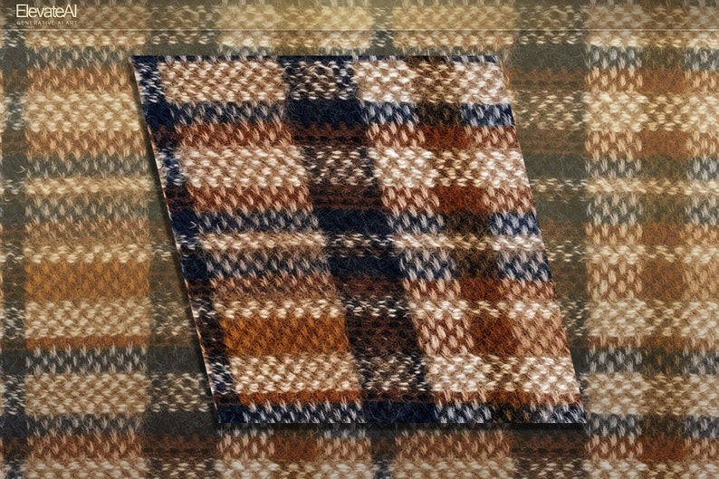 May include: A close-up of a brown, beige, and blue plaid fabric with a fuzzy texture.