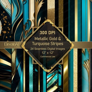 Könnte beinhalten: 24 digitale nahtlose Muster mit metallischem Gold und türkisfarbenen Streifen. Die Muster sind 30,48 cm x 30,48 cm groß und haben eine Auflösung von 300 DPI. Sie sind für kommerzielle Zwecke bestimmt.