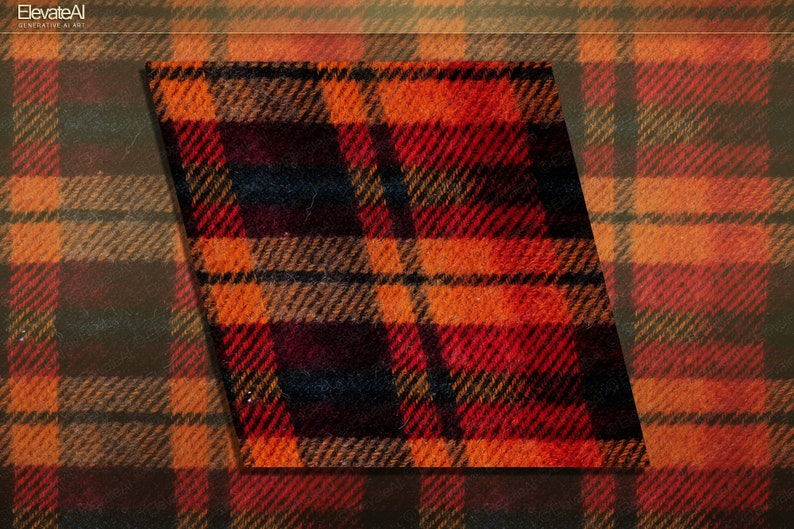 May include: A red, orange, and black plaid fabric with a textured surface.
