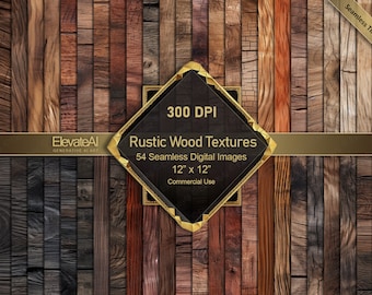 May include: A collection of 54 seamless digital wood textures in various shades of brown, gray, and black. Each texture is 12 inches by 12 inches and 300 DPI. The textures are perfect for creating rustic backgrounds, adding texture to designs, or creating unique patterns.
