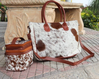 Borsa tote e trousse per il trucco in pelle di mucca fatte a mano, borsa a tracolla in pelle di mucca e trousse per cosmetici da donna, borsa da donna, trousse da toilette personalizzata, acquista un paio