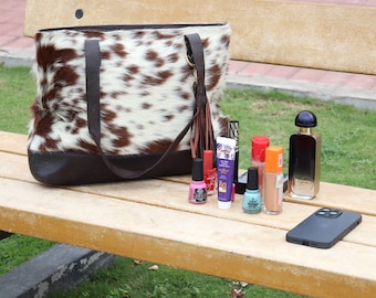 Bolso de mano de piel de vaca, bolso de piel de vaca con pelo marrón moteado, bolso de hombro de piel de vaca, bolso de mano de cuero para mujer, bolso de mano de cuero estilo western hecho a mano