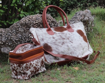 Handmade Cowhide Tote Bag and Makeup Bag, Cowhide Shoulder Bag & Women's Cosmetic Bag, Ladies Carryall Bag, Custom Toiletry Bag, Buy a Pair