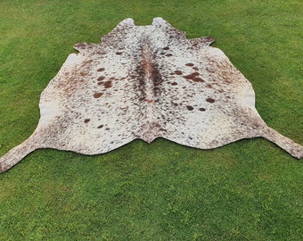 Cowhide Rug Brown Spotted, Speckled Brown and White Cow Skin Rug, Tricolor Salt and Pepper Print Rug for Upholstery, Living Room Area Rug