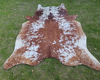 Tappeto in pelle di mucca marrone maculato, tappeto in vera pelle di mucca marrone e bianco, tappeto in pelle di mucca tigrata per tappezzeria, tappeto personalizzato per l'arredamento della casa