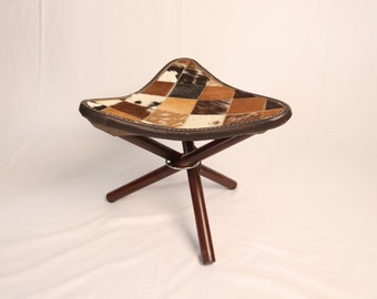 Wooden Foldable Stool, Tripod Outdoor Camping Chair, Comfy Hunting Chair/ Stool, Wooden Camping Stool for Kids - Cowhide and Wooden Material