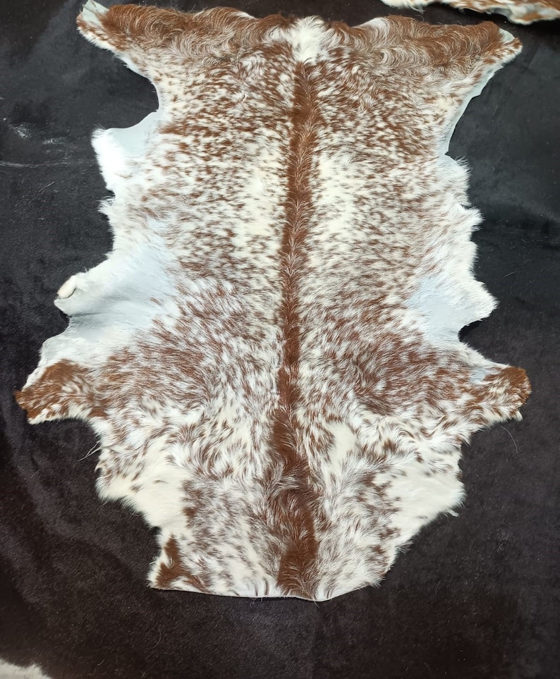 May include: A white cowhide rug with brown spots. The hide has been tanned and is soft and supple. It is a beautiful and unique piece of decor.