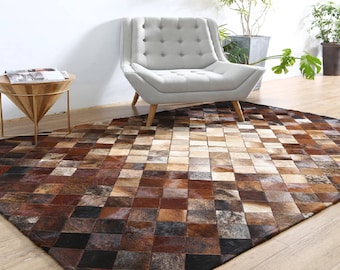 Koeienhuid Marokkaans patchwork geruit tapijt - Koeienhuid Berber-tapijten voor de woonkamer - Handgemaakte handgemaakte runner-tapijten