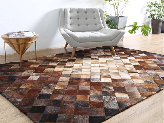 Cowhide Moroccan Patchwork checkered Rug - Cowhide Berber Rugs for living Room - Handmade Crafted runner Rugs