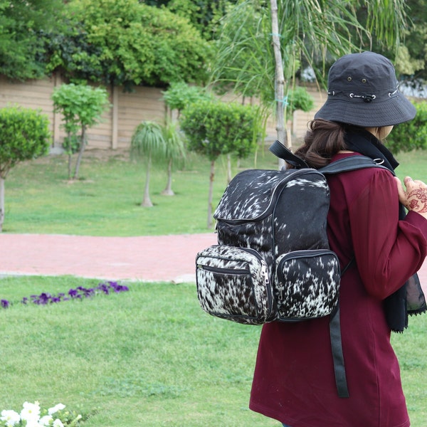 Cowhide Backpack Bag in Black & White, Western Print Diaper Bag, Rucksack/Knapsack Travel Shoulder Bag, Gift for Mom, Fur Leather Laptop Bag