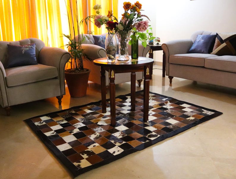 Add rustic elegance with our Cowhide Patchwork Runner. Unique Patchwork Cowhide Rug Decor, Handmade in Custom Size. Perfect Cowhide Area Rug for Living Room & beautiful Home Decor Rugs. Natural, durable statement piece.
