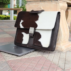 Bolso para computadora portátil de cuero de cuero, bolso maletín satchel, cartera compacta de bolsos para computadora portátil, bolsa de trabajo, pelo de cuero de vaca en portadocumentos, bolso mensajero
