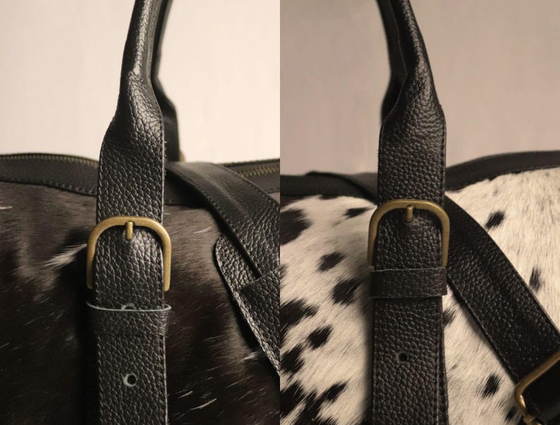 Personalized Large Cowhide Duffel Bag made from genuine hair-on leather. This unisex, handmade travel bag is perfect for weekend getaways or daily use. Spacious and stylish with multiple compartments, it offers both function and flair. The adjustable strap adds comfort, while real cowhide ensures each bag is unique. A thoughtful gift for him or her. Note: Natural cowhide patterns vary, making every piece one-of-a-kind.