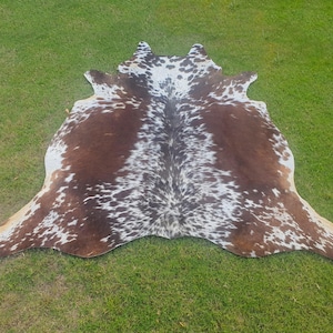 Brown and White Real Cowhide Rug, Tricolor Cowhide with Hair On, Brindle Cow Rug for Western Home Decor, Genuine Cowhide Skin Floor Area Rug
