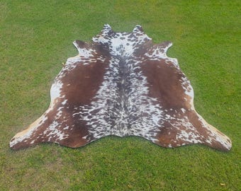 Brown and White Real Cowhide Rug, Tricolor Cowhide with Hair On, Brindle Cow Rug for Western Home Decor, Genuine Cowhide Skin Floor Area Rug