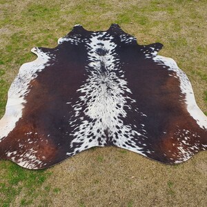 May include: A brown and white cowhide rug with a spotted pattern. The rug is laid out on a grassy surface.