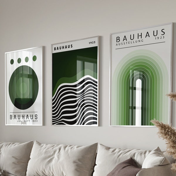 Bauhaus Print, Salbeigrüne Wandkunst, 3er Set Kunstdrucke, Ausstellungsplakat, Bauhaus Poster | BAU001