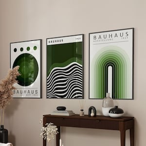 Bauhaus Print, Salbeigrüne Wandkunst, 3er Set Kunstdrucke, Ausstellungsplakat, Bauhaus Poster | BAU001