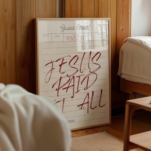 Jesus Paid It All Print, Modern Christian Wall Art, Retro Bible Verse Prints, Guest Check Poster
