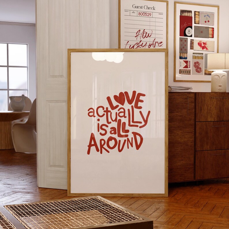 Love quote print, Red Typography Art, Retro Love Print, Red Heart Print, Hand Drawn Quotes, Trendy Dorm Decor, Y2K Apartment Art, Aesthetic Art Print, i love you print, Love actually is all, valentine's print, gift for girlfriend, housewarming gifts