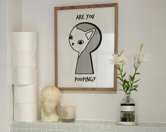Funny Cat Bathroom Print: 'Are You Pooping?' Art Deco Poster (Digital Download)