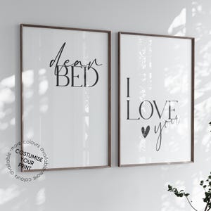 Drogi Bed I Love You Prints, Dekoracja ścienna do sypialni, Wydrukowana sztuka łóżka, Znak Dear Bed I, Sztuka ścienna do sypialni, Cytaty do sypialni, Kocham moje łóżko