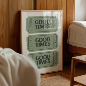 Retro Good Times Green Ticket Wall Art, Dekoracja ścienna do apartamentu, Wydruk artystyczny na bilecie, Modna dekoracja ścienna w kształcie wózka barowego
