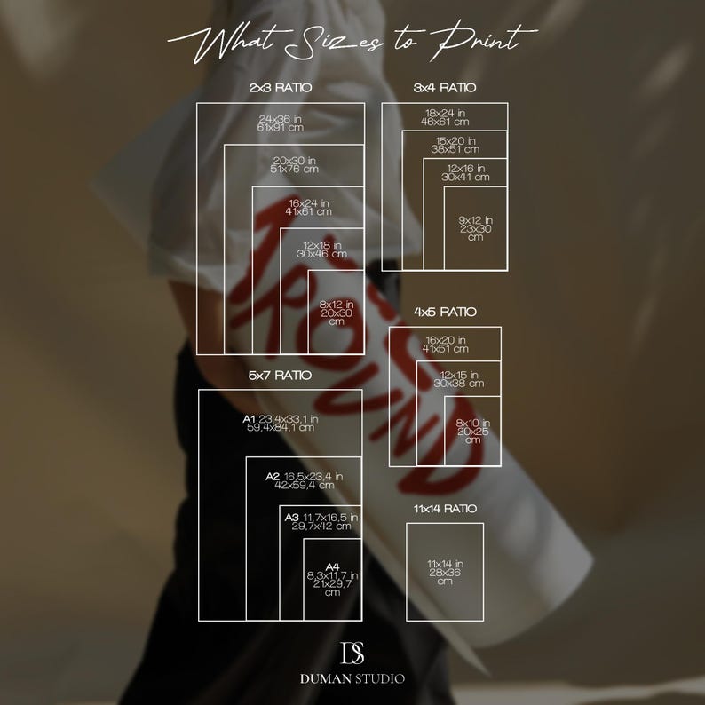 May include: A chart showing different print sizes for artwork in inches and centimeters. The chart is divided into sections for 2x3, 3x4, 4x5, 5x7, and 11x14 ratios. The chart includes the standard paper sizes A1, A2, A3, and A4.