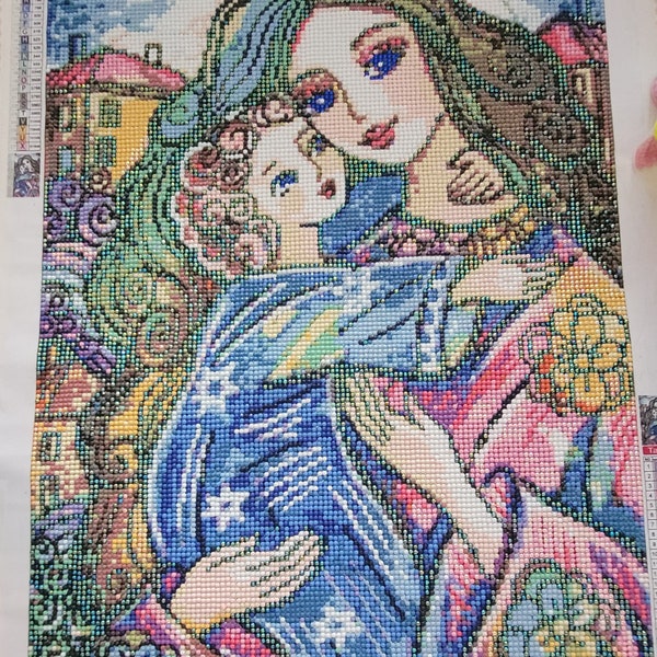 diamond art painting of a beautiful mother and daughter.  ab crystals ideal gift for a girls bedroom. Unique handmade mothers love gift