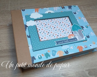 Album photo scrapbooking fait main naissance garçon animaux de la forêt bleu kraft