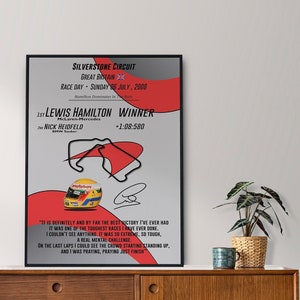 Lewis Hamilton / Momentos icónicos del automovilismo / Póster de la victoria del Gran Premio de Gran Bretaña en Silverstone 2008, McLaren, impresión, todos los tamaños A1-A4