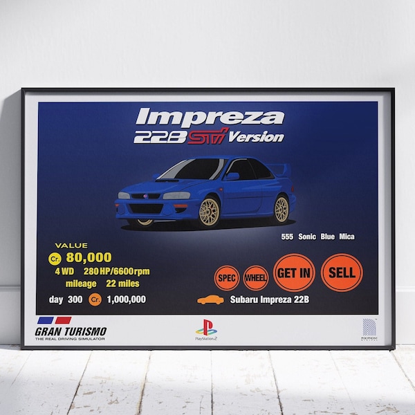 Gran Turismo 3 Subaru Impreza 22B STi Garage Poster Wall Art WRC Playstation 2 Video Game vintage Man Cave Petrolhead Artwork GTAuto