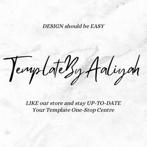 Puede incluir: Un fondo de m&aacute;rmol blanco con texto en negro que dice: DESIGN should be EASY, TemplateByAaliyah, LIKE our store and stay UP-TO-DATE y Your Template One-Stop Centre. El texto se presenta en una mezcla de fuentes serif y manuscritas.