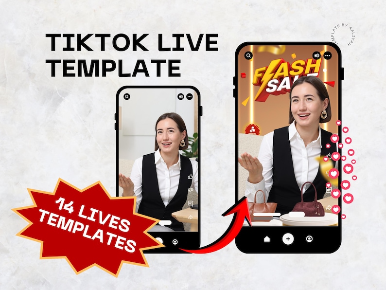 Puede incluir: Una plantilla digital de TikTok Live con dos maquetas de smartphone que muestran a una persona con camisa blanca y chaleco negro. El dise&ntilde;o incluye el texto TIKTOK LIVE TEMPLATE y 14 LIVES TEMPLATES en una forma de estrella roja.