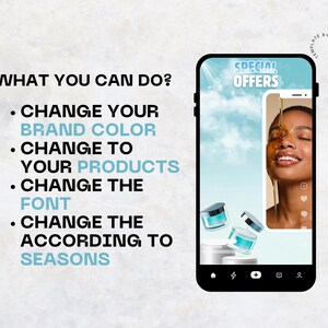 Puede incluir: Una plantilla de marketing digital mostrada en la pantalla de un tel&eacute;fono inteligente con el texto WHAT YOU CAN DO, CHANGE YOUR BRAND COLOR, CHANGE TO YOUR PRODUCTS, CHANGE THE FONT y CHANGE THE ACCORDING TO SEASONS, con un gr&aacute;fico de cuidado.