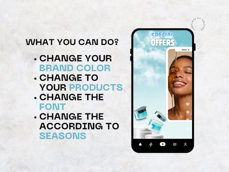 Puede incluir: Una plantilla de marketing digital mostrada en la pantalla de un tel&eacute;fono inteligente con el texto WHAT YOU CAN DO, CHANGE YOUR BRAND COLOR, CHANGE TO YOUR PRODUCTS, CHANGE THE FONT y CHANGE THE ACCORDING TO SEASONS, con un gr&aacute;fico de cuidado.
