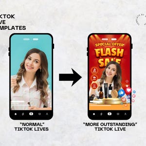 Puede incluir: Dos pantallas de smartphone que muestran interfaces de TikTok live. La pantalla izquierda muestra a una persona sobre un fondo azul liso. La pantalla derecha presenta un fondo rojo con el texto SPECIAL OFFER FLASH SALE, iconos de productos y botones.