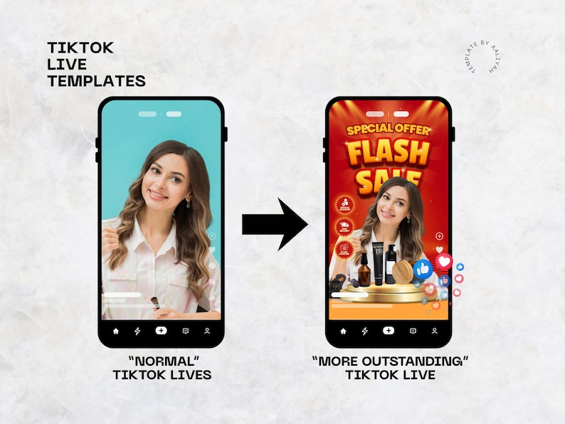 Puede incluir: Dos pantallas de smartphone que muestran interfaces de TikTok live. La pantalla izquierda muestra a una persona sobre un fondo azul liso. La pantalla derecha presenta un fondo rojo con el texto SPECIAL OFFER FLASH SALE, iconos de productos y botones.