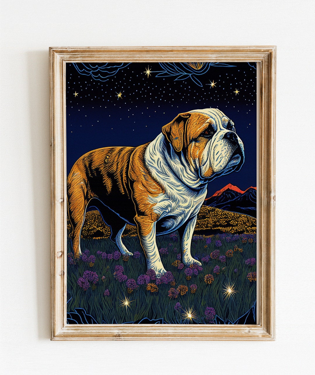 Printable English Bulldog Wall Art, Wildflower Mountain Landscape, Bohemian Digital Art Print