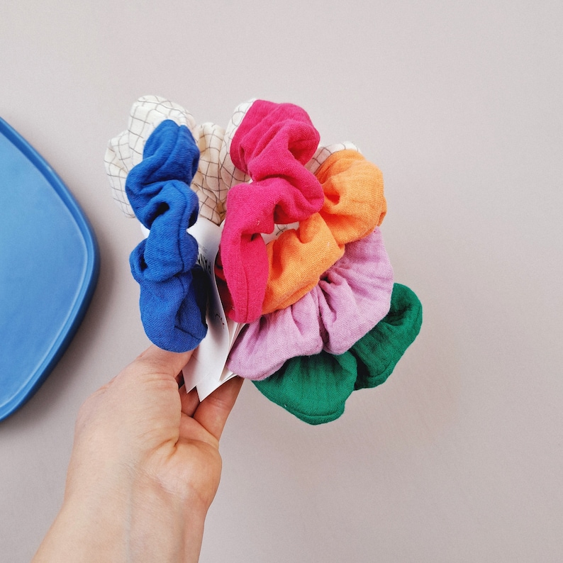 Happy Scrunchie aus Musselin Fabric mix Style I Bio Qualität I Trendfarben I Retro-Zopfgummi I Haarschmuck I Haargummis Color Blocking Bild 5